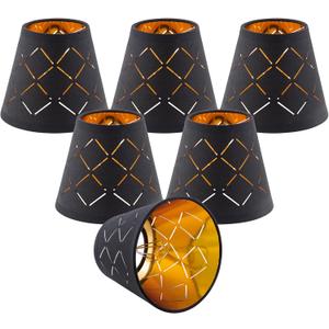 Small lamp shades Set of 6,chandelier shades 3" X 6" X 5" black linen fabric,mini lamp shades clip on bulb with gold hardback(Black 2, 6)