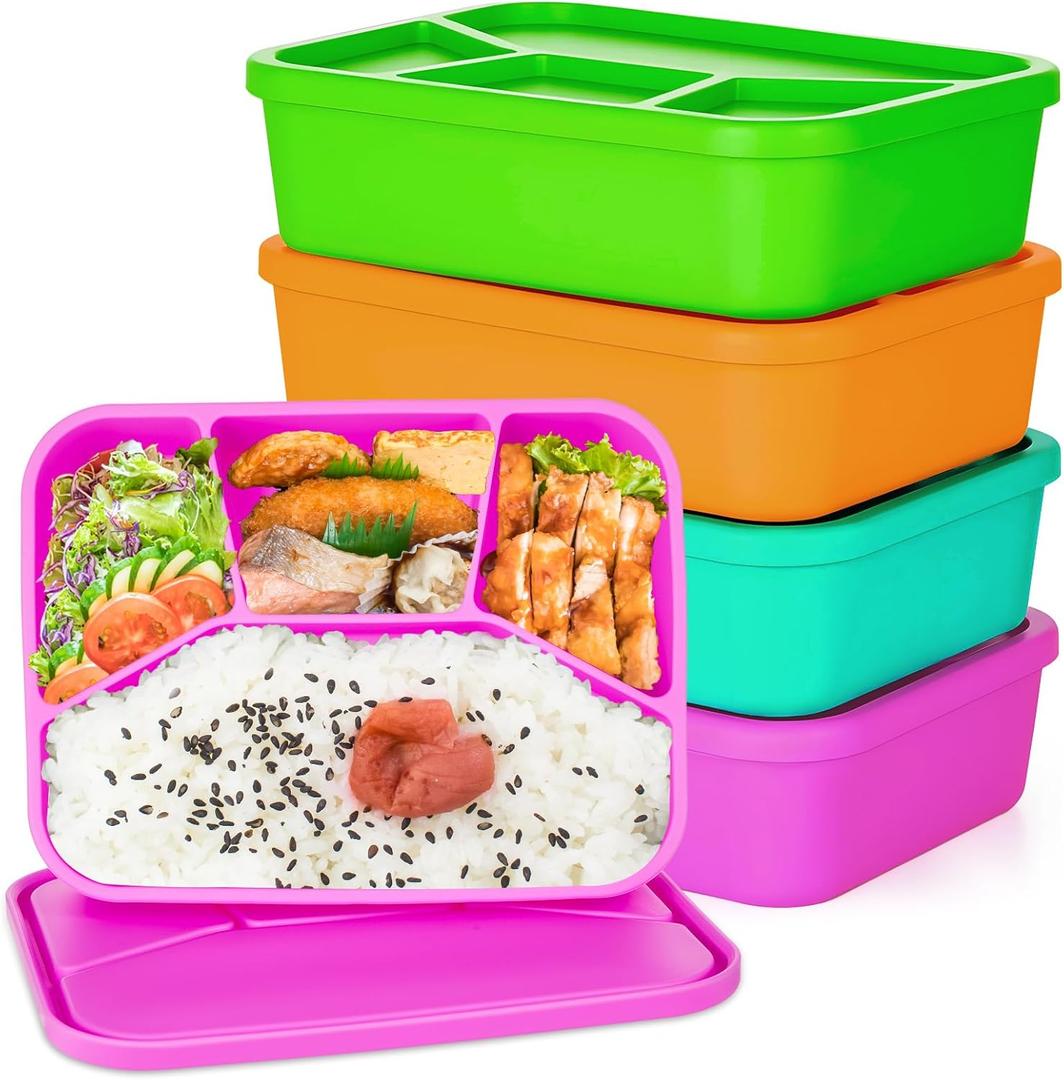 4 Pcs Silicone Bento Box Reusable Lunch Container Smooth Leak Proof Lunch Box Rectangle Bento Boxes for Adult Work Travel Food Meal Compartment Storage, 4 Colors (Brilliant Color)