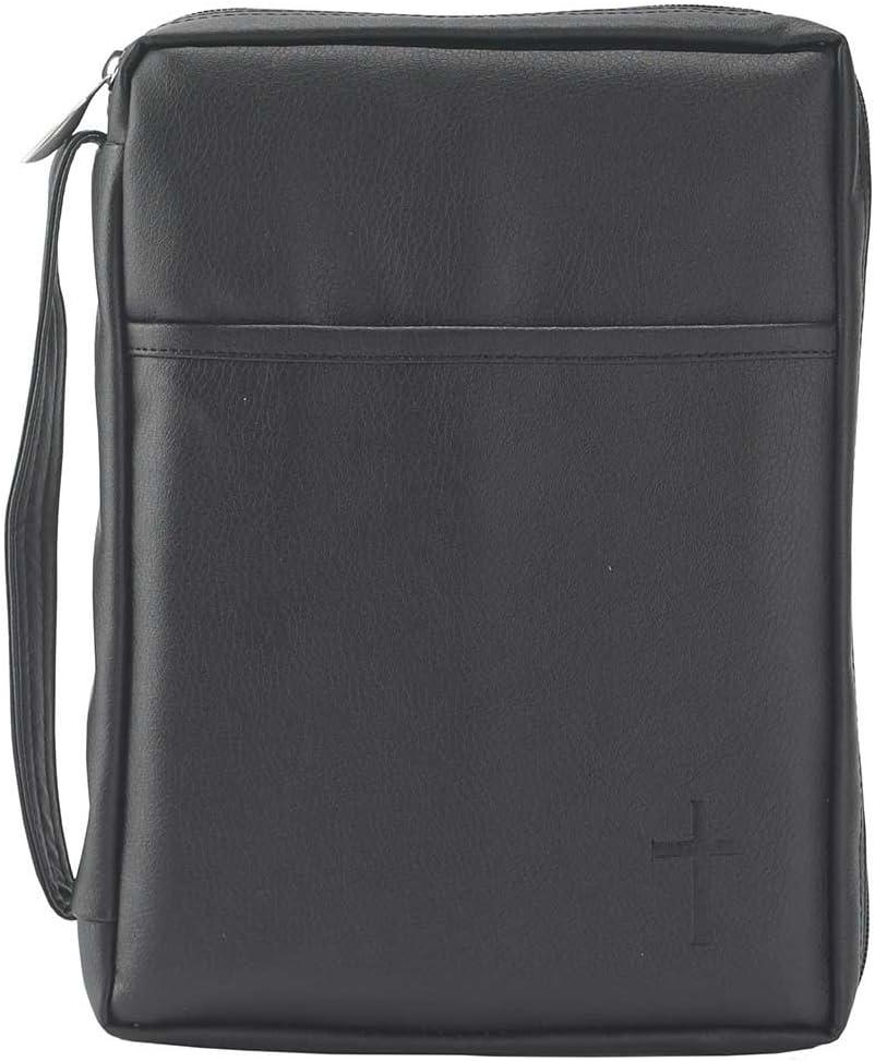 Black Outer Pocket Leather Like Vinyl Bible Cover Case with Handle Large