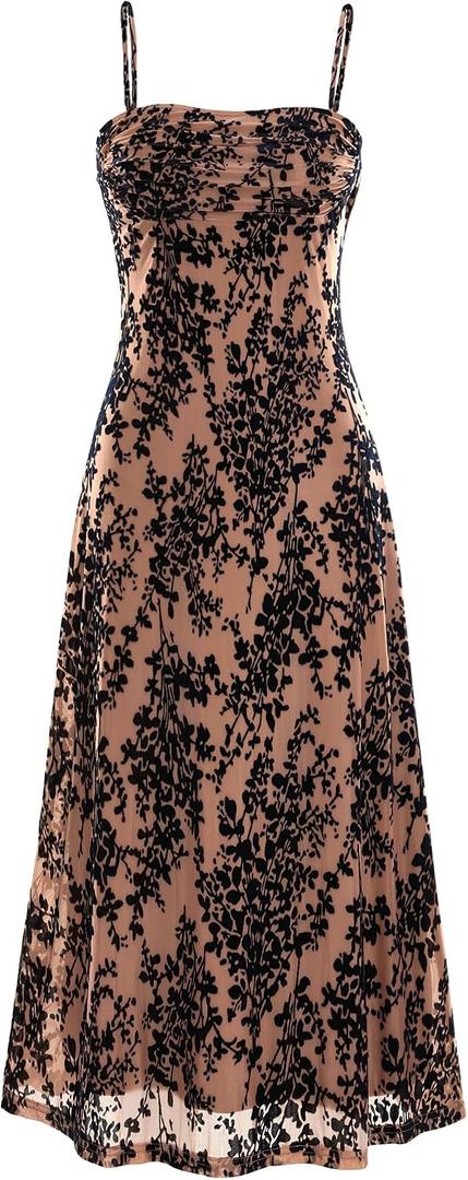 BTFBM Women's Summer Dress Sleeveless Spaghetti Strap Midi Dress Sexy Cowl Neck Floral Cocktail Dress Party Dresses (Brown, S)