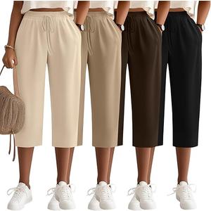 Neer 4 Pack Women's Capri Pants, Drawstring Wide Leg Crop Lounge Sweatpants Summer Yoga Casual Cropped Pants with Pocket, Brown, Beige, Apricot, Black, XXL