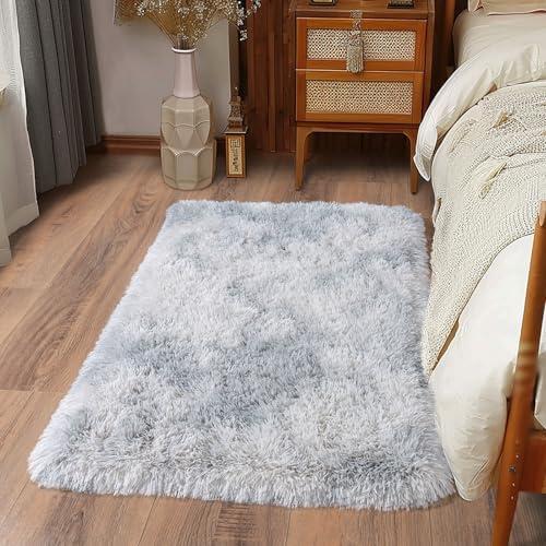 Ailyei Ultra Soft Runner Rugs for Bedroom Hallways with Upgraded Non-Slip Rubber Backing & Thick Memory Sponge, 2 Packs 2x3 Feet Fluffy Shag Throw Area Rug for Bedside Dorm Tie-dye Light Grey