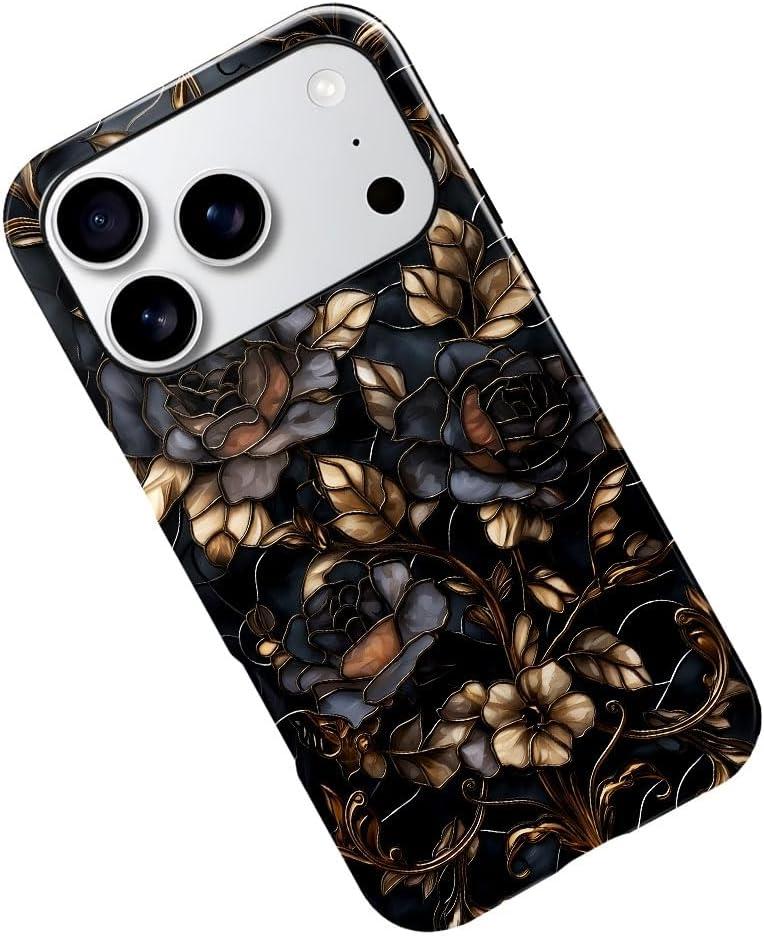 Case for iPhone 17 Pro,Stained Glass Gold Dark Academia Flower Phone Case Military-Grade Drop Protection Cover for Women Girl - Glossy