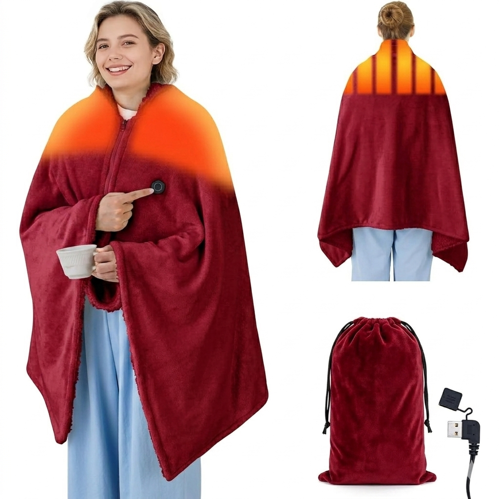 USB Heated Blanket for Keeping Warm, Cordless Wearable Throw with 3 Heat Levels, Battery Operated(No Power Bank Included) Shawl for Outdoor Use (Red)