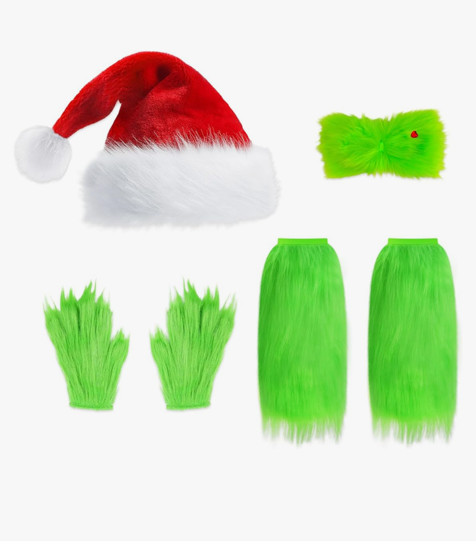 6 Pcs Christmas Big Monster Santa Costume for Women Include Green Fuzzy Faux Leg Warmers Green Hand Gloves Santa Hat Furry Hair Bow for Cosplay Dress Up