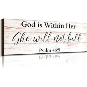 Jetec Farmhouse Bible Verse Scripture Wall Signs, God Is with Her She Will Not Fall Wooden Plaque Decor for Church Home Christian Wall Art Decor(17 x 6 Inch, Psalm)