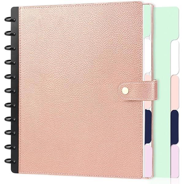 SKLENICE PU Leather Discbound Notebook 8.5" x 11" Disc Bound Planner Supplies with Discs 5 Tab Note Dividers & 60 Pages Wide Ruled Disc Planner for Work Travel Note Taking (Letter Size, Rose Gold)