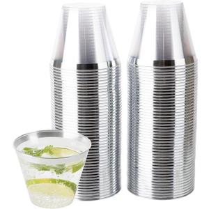 PLASTICPRO 9 oz Disposable Plastic Party Cups,Old fashioned Designed Tumblers, Crystal Clear (Clear With Silver Rim, 100)