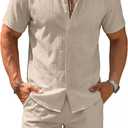 COOFANDY Men's 2 Pieces Cotton Linen Set Short Sleeve Button Down Shirts Summer Beach Shorts Casual Outfits, M