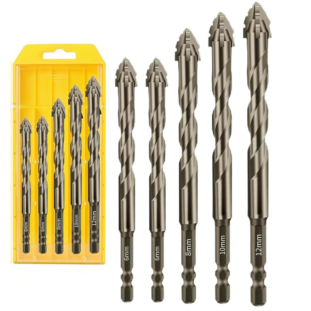 5 Piece Set of Four Flute Drill Bits - High Hardness Eccentric Twist Drill Bits Set for Tile Glass Ceramic Brick Metal Plastic Wood & General Concrete (6/6/8/10/12mm)