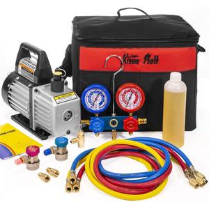 XtremepowerUS 3CFM 1/4HP Vacuum Pump HVAC R134a, R12, R22, R410a, A/C Refrigeration R134 Can Tap Adapter, R134 Quick Connector AC Manifold Gauge Air Conditioner Oil Bottle w/Bag