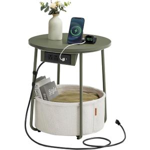 VASAGLE Side Table with Charging Station, Round End Table With Fabric Basket, Nightstand with Power Outlets USB Ports, for Living Room, Bedroom, Modern, Forest Green and Cream White ULET228C04 (Forest Green + Cream White)
