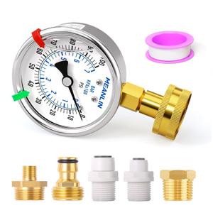 MEANLIN MEASURE 0~100Psi Stainless Steel Frame 3/4" Female Liquid Filled Pressure Gauge kit Plus 5 adapters, 2.5" FACE DIAL Multi-Purpose Pressure Gauge kit for Gardens, Water Pipes with 2PCS Snaps