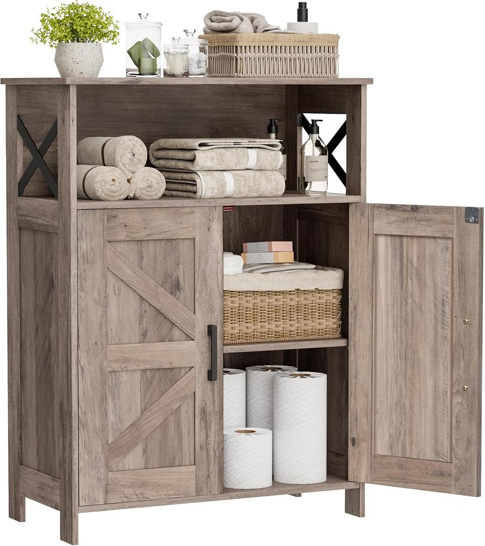 Homhedy Farmhouse Bathroom Storage Cabinet with Doors, Small Floor Cabinet | Toilet Paper Cabinet with Adjustable Shelf, Freestanding Storage Cabinet for Kitchen/Laundry/Living Room, 24"W, Greige