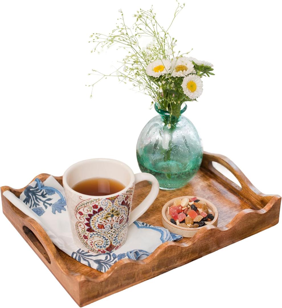 Mela Artisans 16 x 12 x 2.5 Mango Wood Serving Tray with Handles Ottoman Scalloped White Burnt Large Handcrafted Wooden Serving Board for Breakfast, Coffee & Home Dcor
