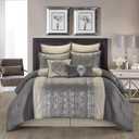 Grand Avenue Silver/Ivory Damask Patchwork King Comforter Set, 8 Piece, Jacquard Pillow Sham, Bedskirt, Decorative Pillow, All Season Bedding Set
