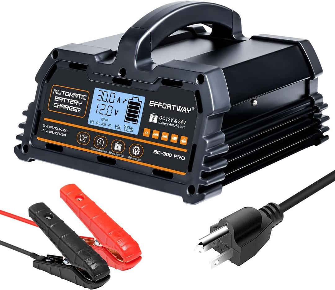 30A Battery Charger, 12V/24V Lead Acid, 12V LiFePO4. Smart Battery Charger with Trickle Charge. Car Battery Maintainer with LCD Display. Suitable for Trucks, Motorcycles