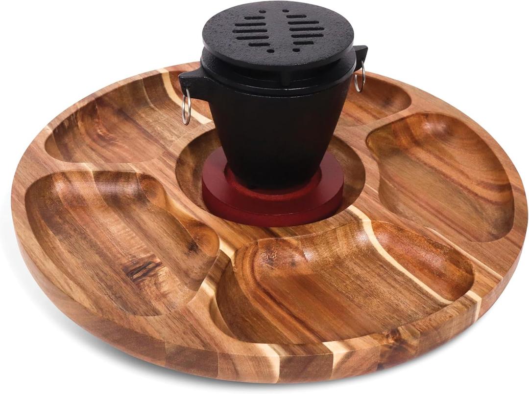 PuPu Platter Mini Hibachi Grill Platter Set - 5 Compartment Bowl Tray 12.6" Diameter with Rotating Lazy Susan - Quality Cast Iron Grill, 3.5" x 3.5" X 4.8", Indoor Mini Smores Maker