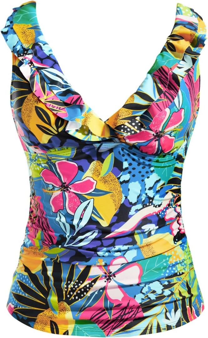 Yonique Women's Tankini Top Only Tummy Control Bathing Suit Top Ruffle Swimsuit Top V Neck Swim Tank Top No Bottom (X-Large)