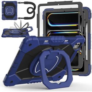 Case for iPad Pro 13 Inch M5 2025/ M4 2024, Ubearkk for iPad Pro 13 Inch case with Screen Protector, 360 Degree Rotating Stand Shoulder Strap Pencil Holder,Military Grade Shockproof, Navy Black