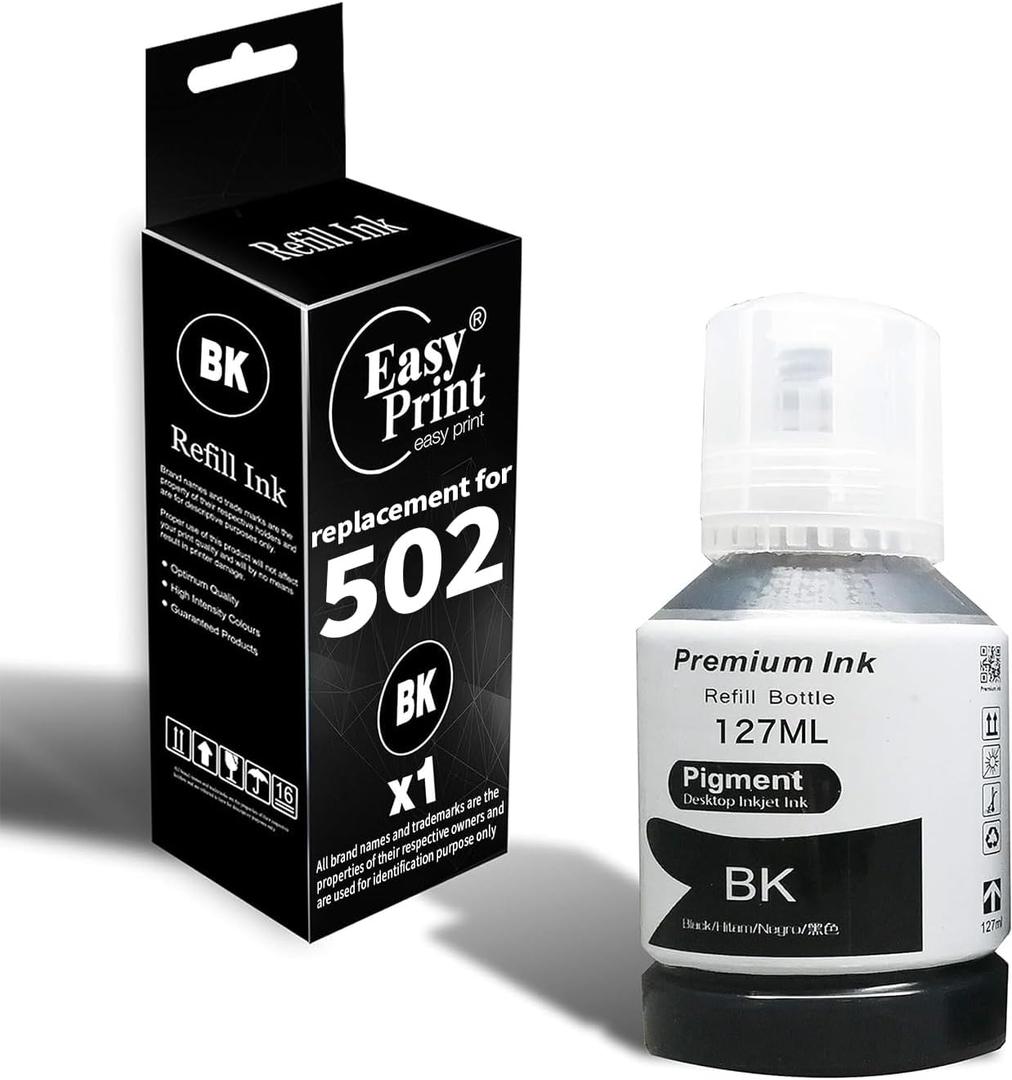 EASYPRINT Compatible for 502 Refill Ink Bottle Replacement for T502 502 Ink Ecotank ET2700 ET2750 ET3700 ET3750 ET4750 ET4760 ET3760 ET3710 ST2000 ST3000 ST4000, (1x Black)
