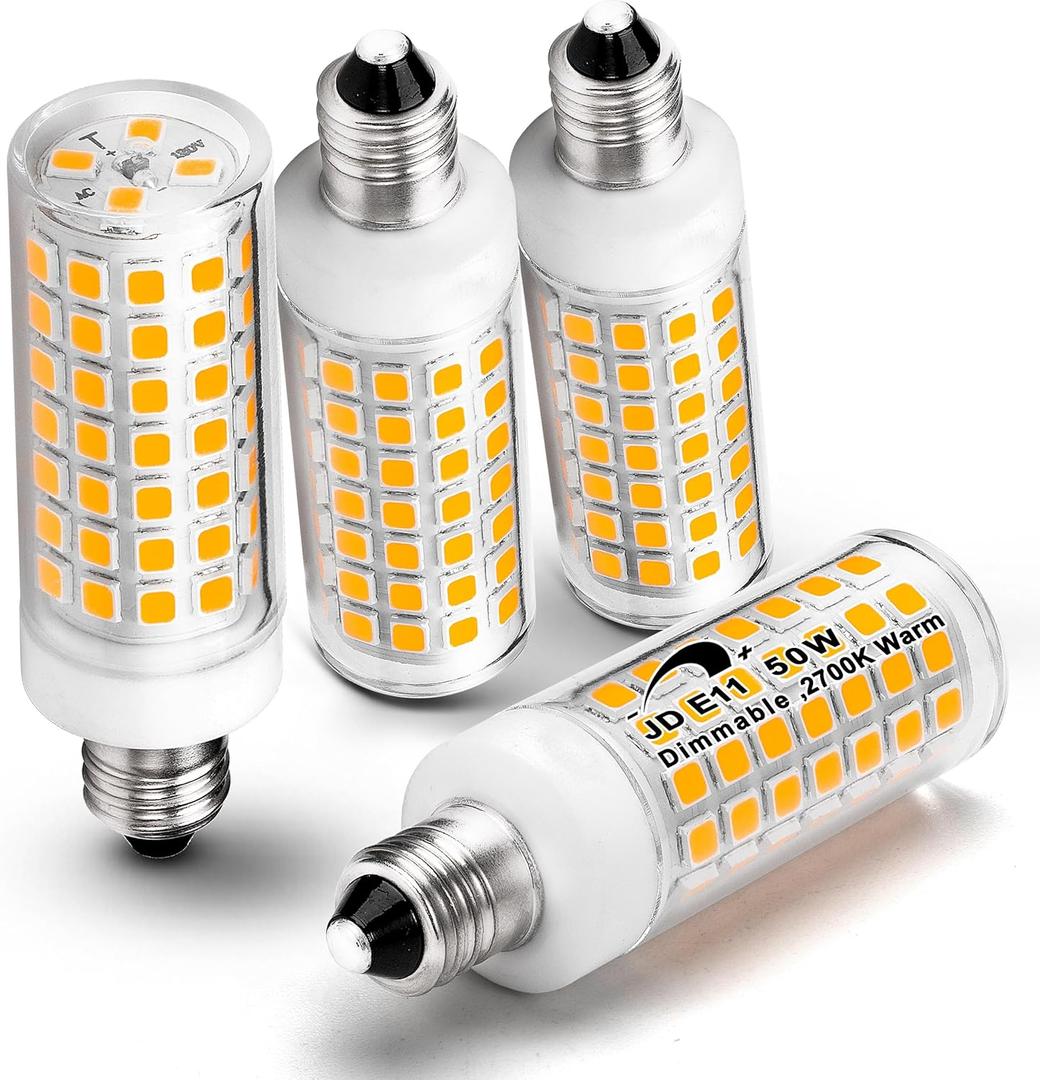 E11 Led Bulbs Dimmable No-Flicker, JDE11 120V 50W Halogen Candelabra Bulb Equivalent, T3 T4 Mini Base 2700K Warm White 5W 500lm E11 Bulb for Chandeliers, Ceiling Fan, Table Lamps, Cabinet Lighting, 4Pcs