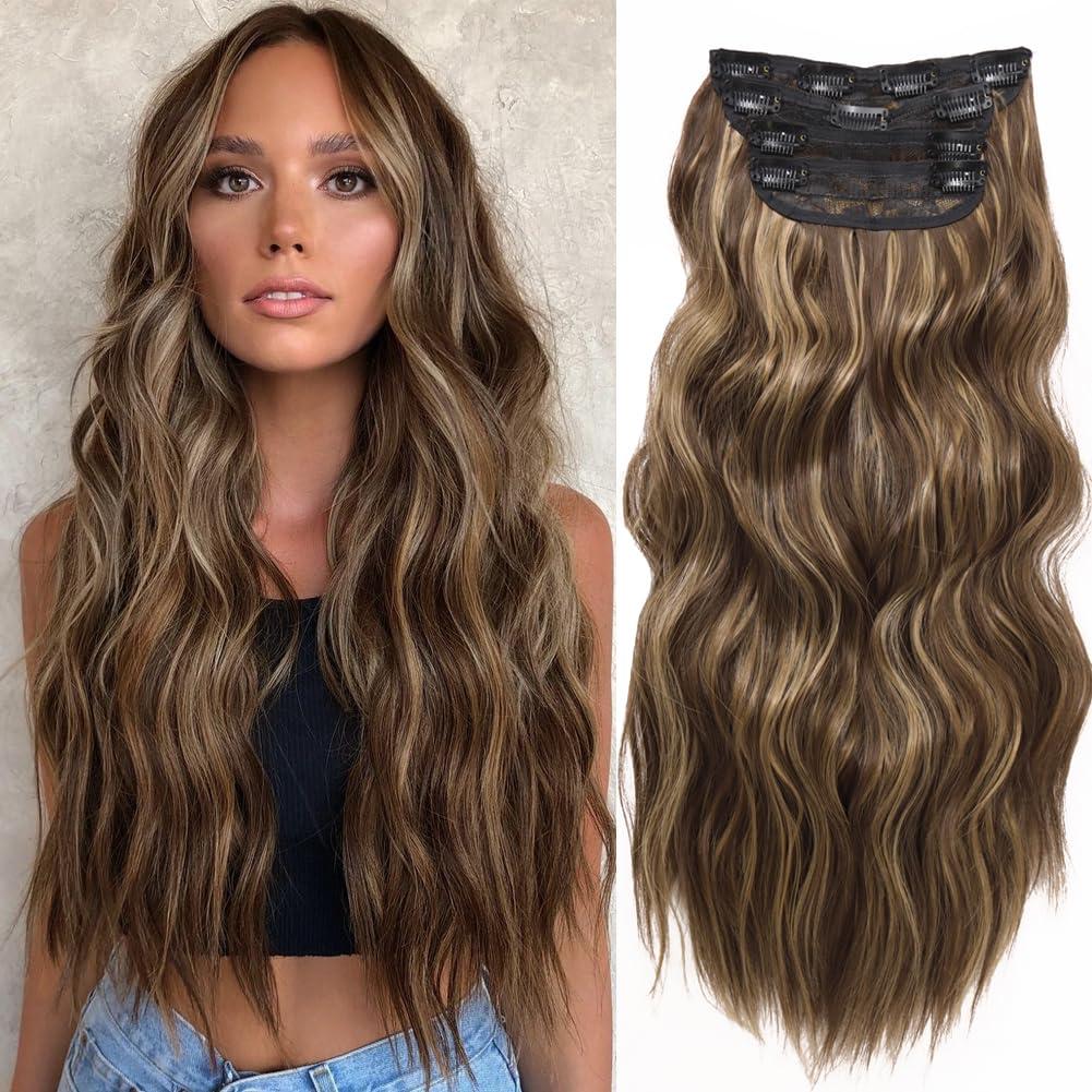 Brown Clip in Hair Extensions 4PCS Medium Brown Mixed Honey Blonde Highlight Hair Extensions Clip ins for Women 20 Inch Long Wavy Curly Hair Extension