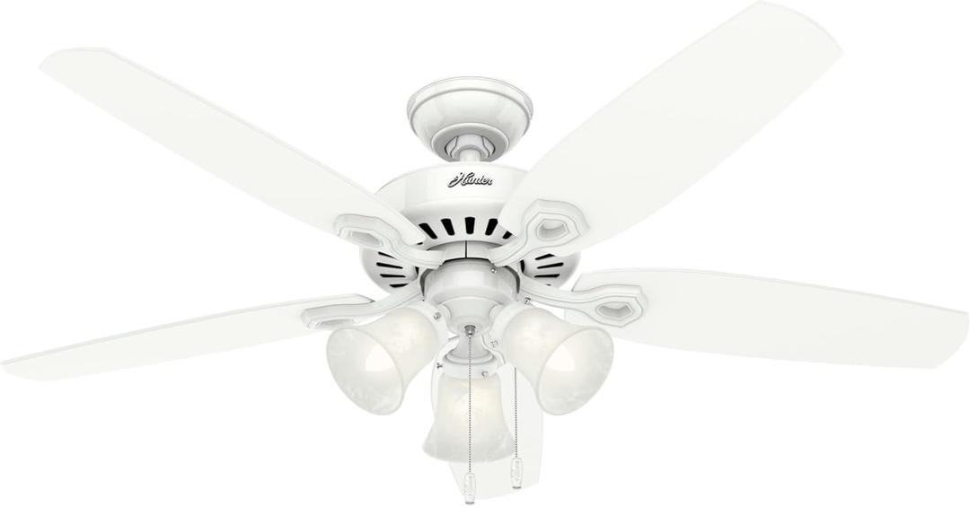 Hunter 52 inch Indoor Ceiling Fan with LED Lights - White Ceiling Fan with Pull Chain, For Bedroom or Living Room, Standard Mount, No Remote, 5 Blades, Includes Bulbs - Builder Plus 53236, Snow White