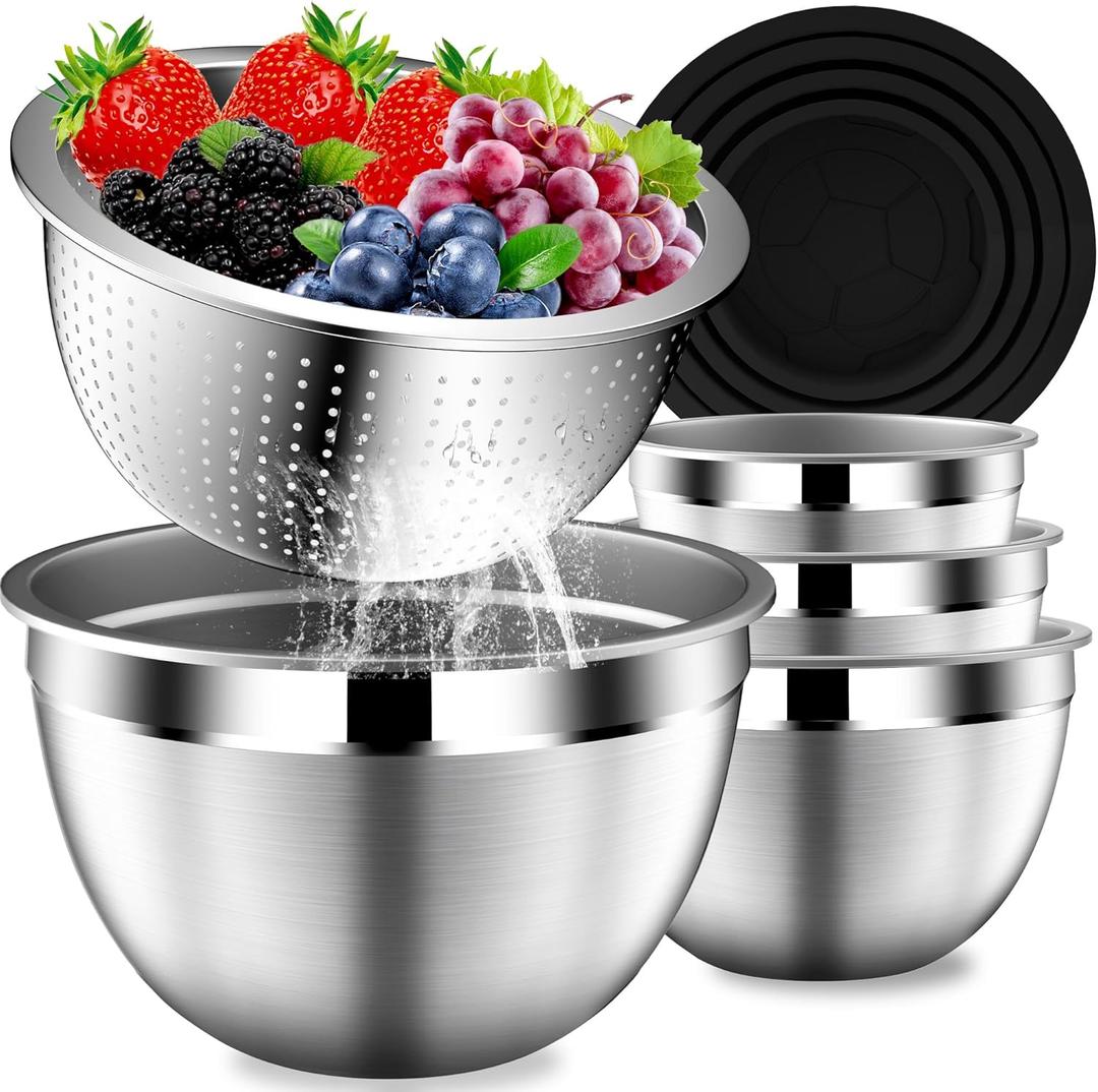 Mixing Bowls with Lids Set, Stainless Steel Mixing Bowls with Colander, Strainer with Mixing Bowl Set, Kitchen Gadgets Bowl Christams Gift, Size 4, 2.5, 2, 1.5QT - Black