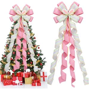 Riceshoot Extra Large Easter Tree Topper Bow, 53x13 Inches Pink Spring Bows for Wreaths with Bunny Ears Easter Tree Decorations Pink Burlap Bow for Spring Easter Home Indoor Outdoor Decor(Easter)