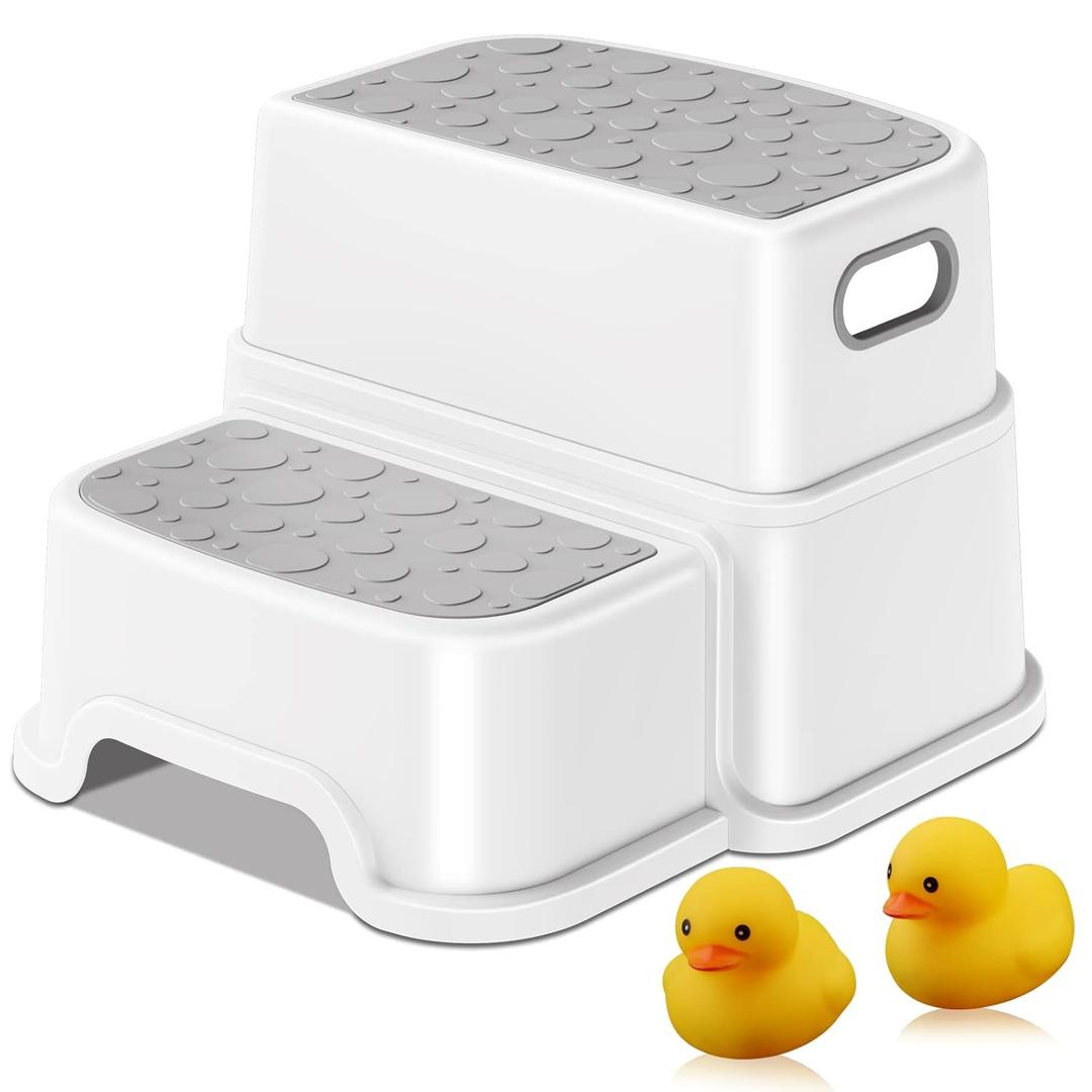 Toddler Step Stool,2 Step Stools for Kids with Anti-Slip Surface and Rubber Bottom, Kids Step Stool Poop Stool for Toilet Potty Training, Bathroom, Kitchen (Include 2 Ducks) (Gray)