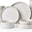 Famiware Star Stoneware Dinnerware Sets with Pasta Bowls, 24pc Dishes for 6 | Ceramic Plates and Double Bowls. Chip & Scratch Resistant. Microwave & Dishwasher Safe, Everyday & Formal Dining, Matte White