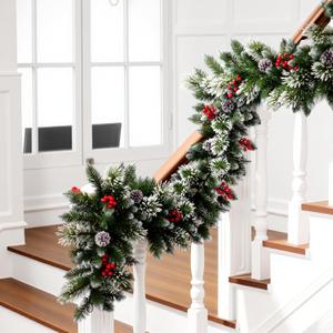 6FT Pre-Lit Christmas Garland with Lush Branch Tips & Realistic Berries/Pine Cones,Christmas Garland for Mantle Fireplace Stairs Indoor Outdoor Xmas Decoration (Red)