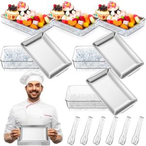 Baderke 6 Set 8.7'' x 5.5'' Chilled Serving Tray for Parties with Tongs, Ice Chilled Party Platter Cold Serving Dish for Charcuterie Dip Fruit Seafood Vegetable Salad Appetizer Shrimp Cocktail(Sliver)