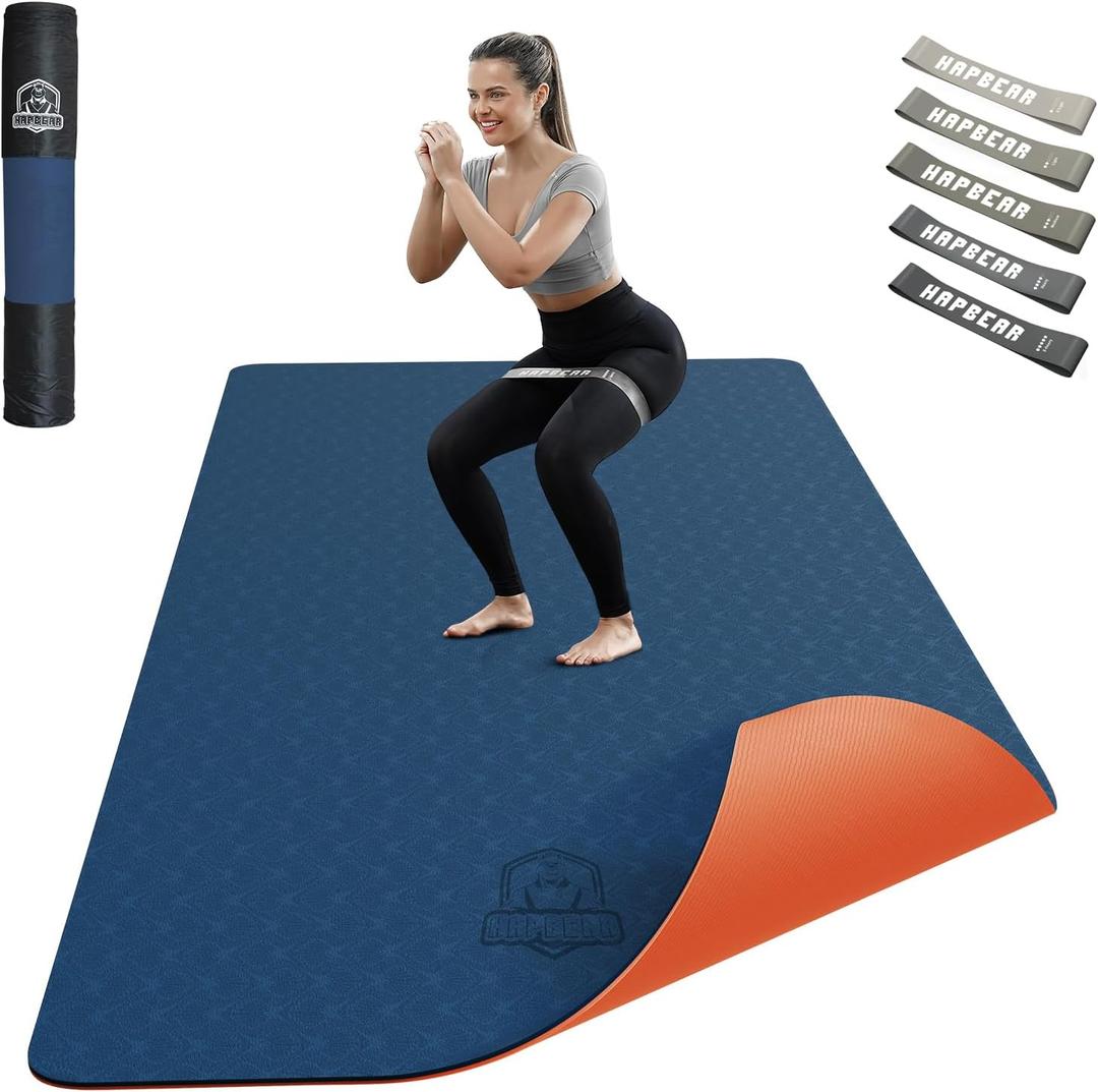 HAPBEAR Large Yoga Mat - 72"x36"x6mm (1/4 inch), Extra Wide Non-Slip Exercise Mat for Home Workout, Yoga, Pilates & Stretching, Durable & Eco-Friendly, Includes Bonus Resistance Bands & Carry Bag (Navy blue/Orange)
