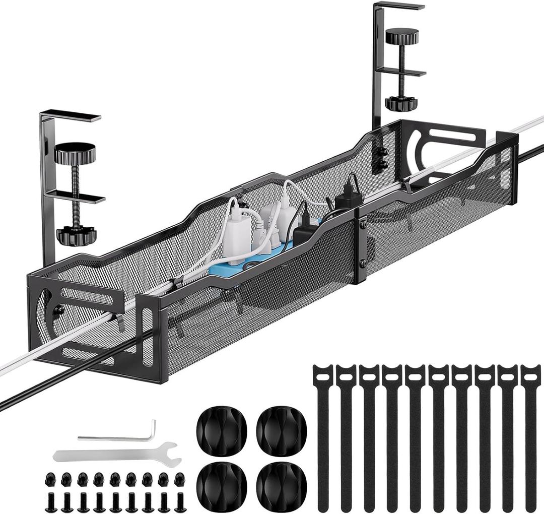 Cable Management, 25'' Cable Management Under Desk No Drill, Metal Cord Organizer with Clamp for Standing Desk, Cable Organizer for Home Office, Black (25'' (1 Pack))
