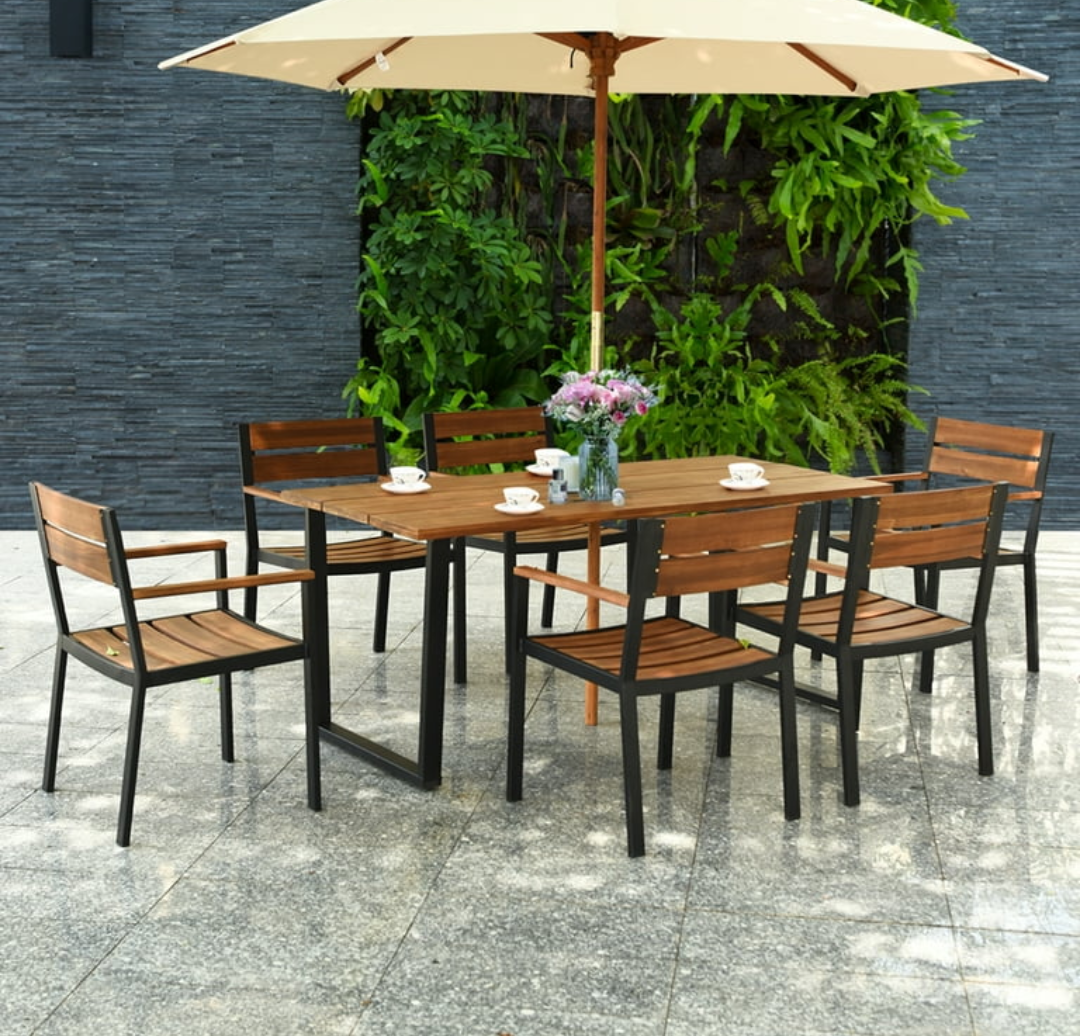 7PCS Patented Patio Dining Chair Table Set Acacia Wood Backyard W/Umbrella Hole