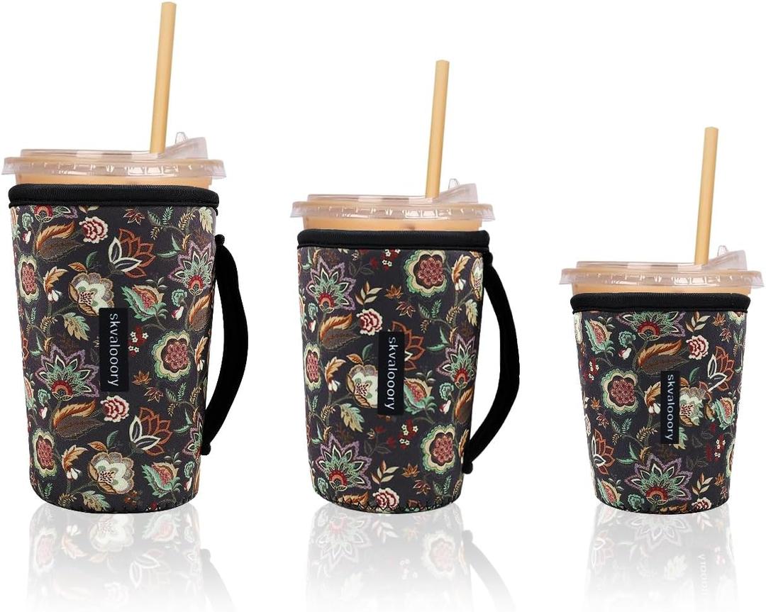 Thermal Foil Insulated Iced Coffee Cup Sleeves, 16-32oz Reusable Neoprene Coffee Sleeve with Handle, Gifts for Coffee Lovers Women (Green Flowers)