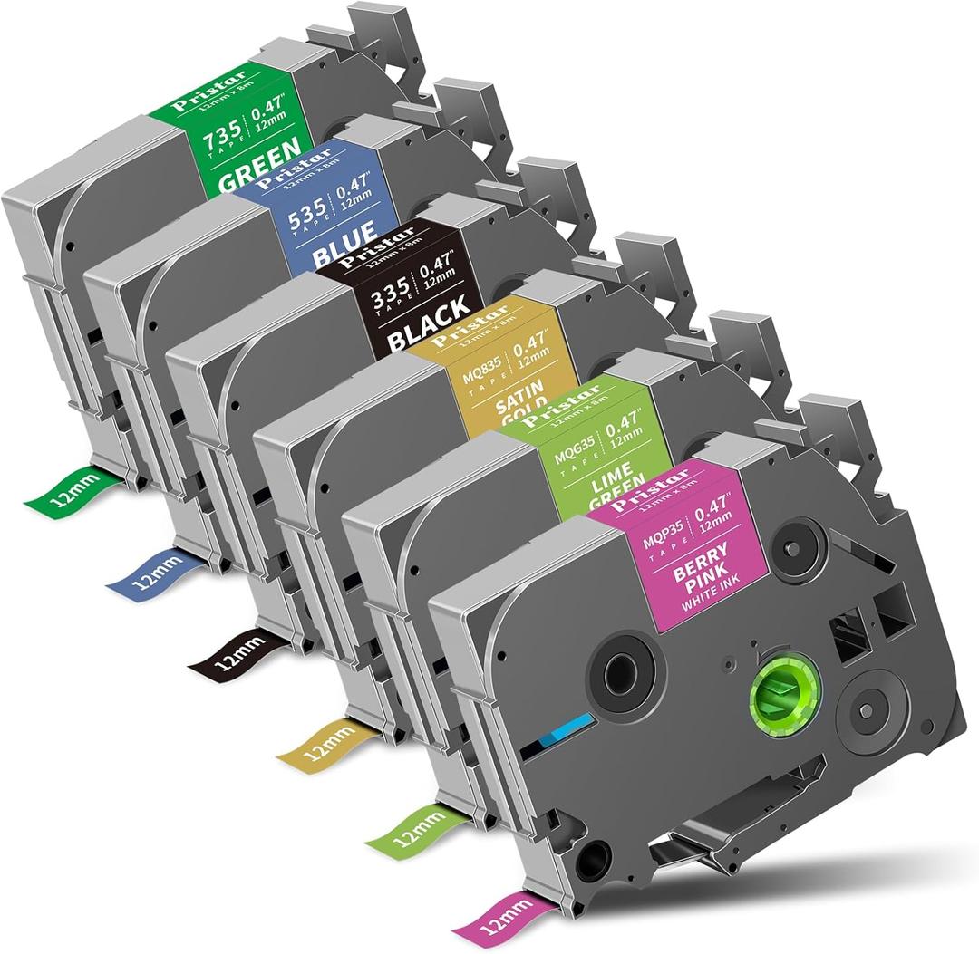 6X TZ Tape 12mm 0.47" Laminated Colored Refills Replace for Brother Label Maker Tape, Compatible with Brother PTouch Label Maker PTD210 H110 D220 D600 D400 D410 (Pink/Lime Green/Gold/Black/Blue/Green)
