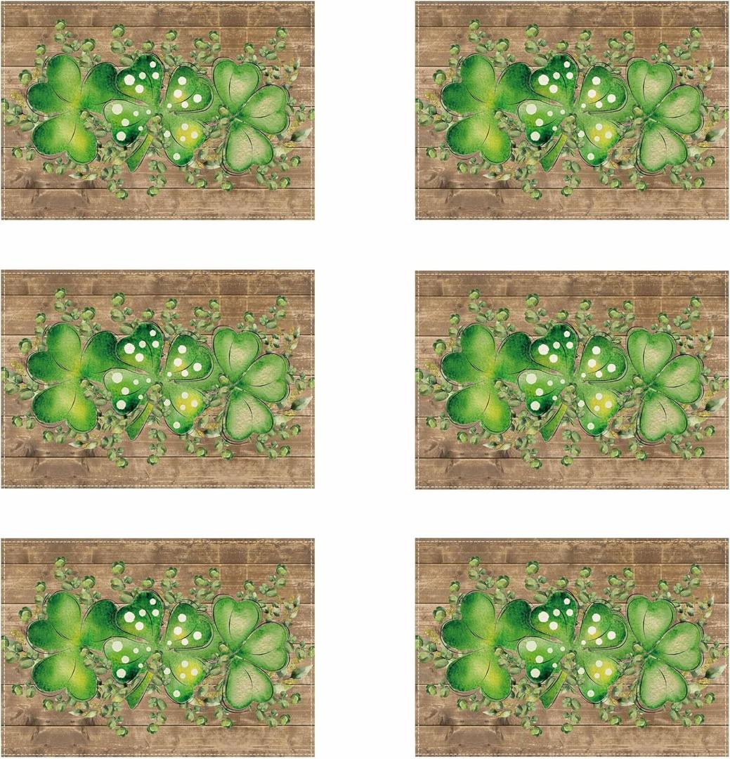 XCHI Green Plaid Four-Leaf Clovers Shamrocks Horseshoes St. Patrick's Day Placemats Set of 6 Table Mats for Party Home Kitchen Dining Table Decorations 12x18 Inch