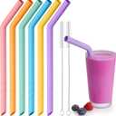 NiHome 6-Pack Extra Wide Reusable Bent Silicone Straws for Boba, Smoothies, Bubble Tea, Bent Straws Eco-Friendly & Colorful for Thick Drinks, Child-Safe, Customizable Length, 2 Brushes Easy Cleaning (Rainbow Colors)