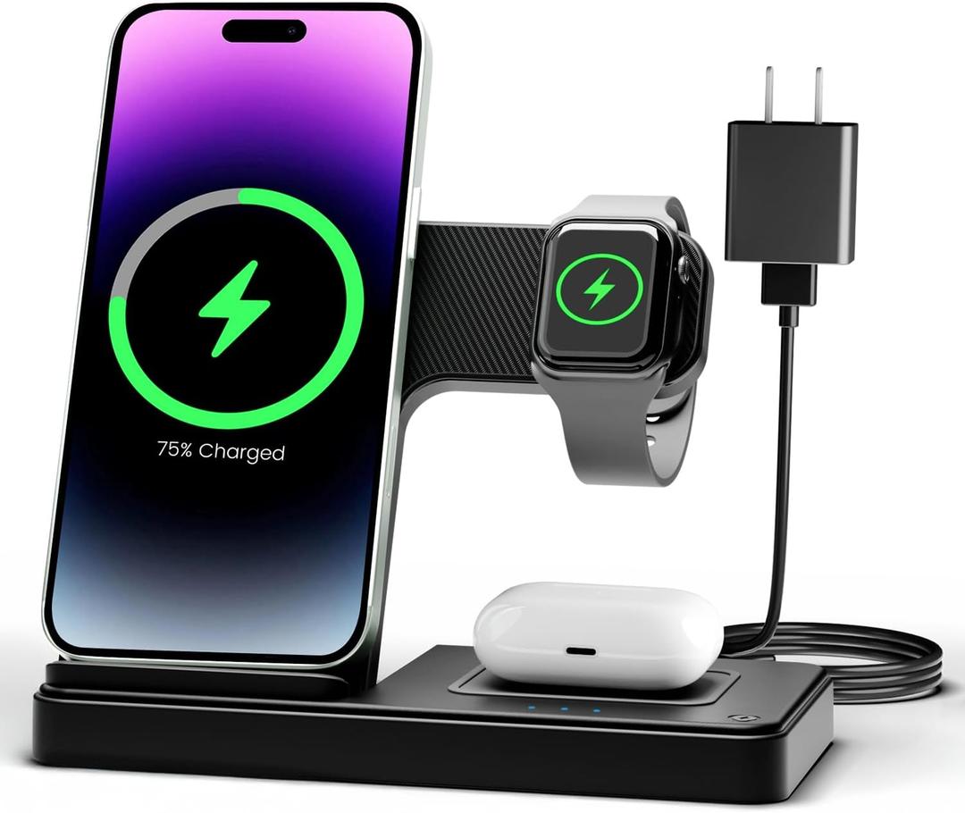 Wireless Charger iPhone Charging Station: 3 in 1 Charger Stand Multiple Devices for Apple - iPhone 16e 16 15 14 Pro Max 13 12 11 - Watch 10 9 8 7 6 5 4 3 2 SE and Ultra Series - Airpods 4 3 2 Pro (Black)