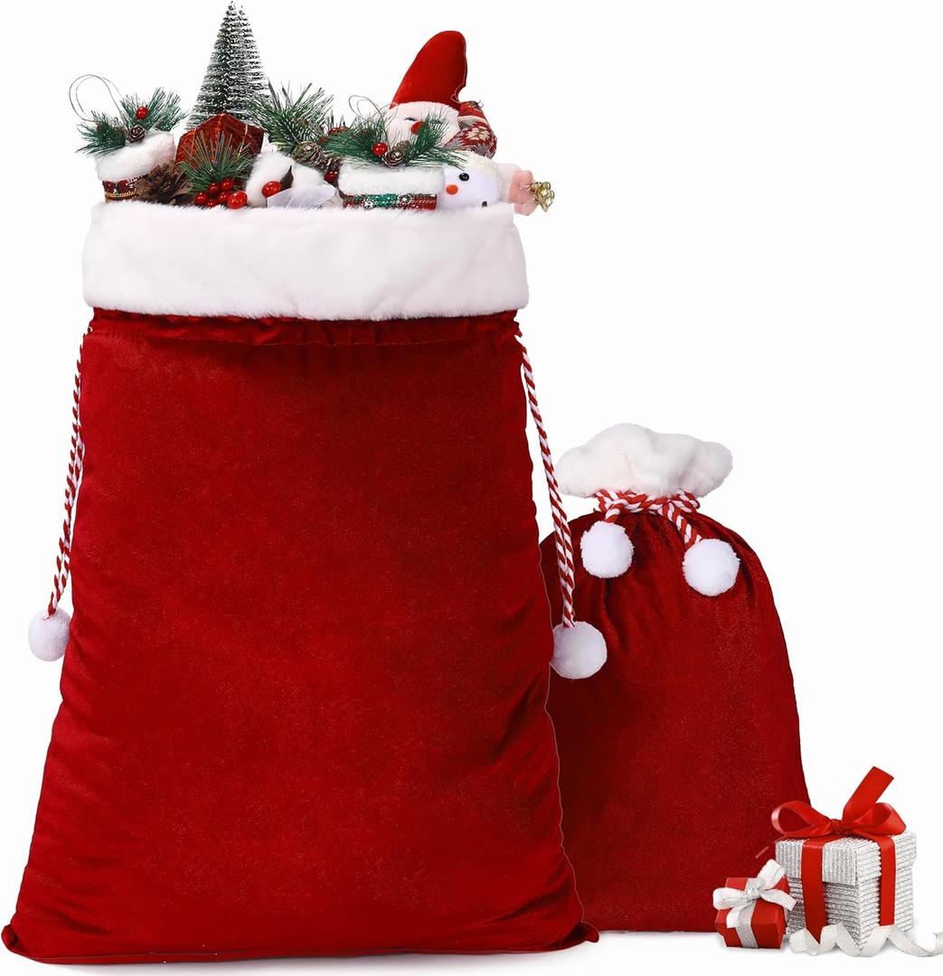 wonshia 2Pcs Christmas Velvet Santa Sack Large Christmas Santa Velvet Bag with Drawstring Gift Wrap Bags