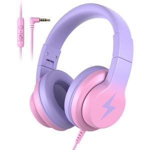 Candy Bila Kids Headphones, Wired Headphones for Kids Over Ear with Microphone, 85/94dB Volume Limiter Headphone for Girls Boys, Foldable Headphone for Learning & Entertainment, Gradient Red