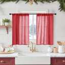 BGment Red Linen Kitchen Curtains Window Over Sink, Short Semi Sheer Drapes with Rod Pocket Lightweight for Cafe Bathroom Windows, 2 Panels Set, Each 30 Inch Wide