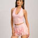 2 Piece Outfits for Women Halter V Neck Sleeveless Crop Top with Lace Mesh Tiered Layered Ruffle Mini Skirts Sets (Pink, L)