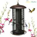 Nature's Rhythm Metal Hopper Bird Feeder Two ChambersHeavy Duty Mesh Metal Dual Seed Compartments Outdoor Hanging Wild Bird Feeder with 10 Feeding Ports,10lbs Seed Capacity