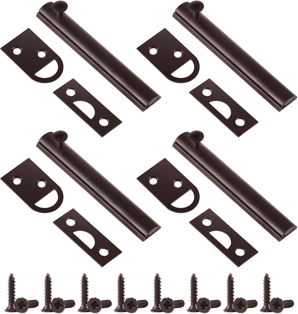 Lothee 4 Pcs Solid Brass Surface Bolts 4" Slide Latch Door Lock Bolt with Screws Anti Theft Security Lock for Top of French Door Gates(Rubbed Bronze)