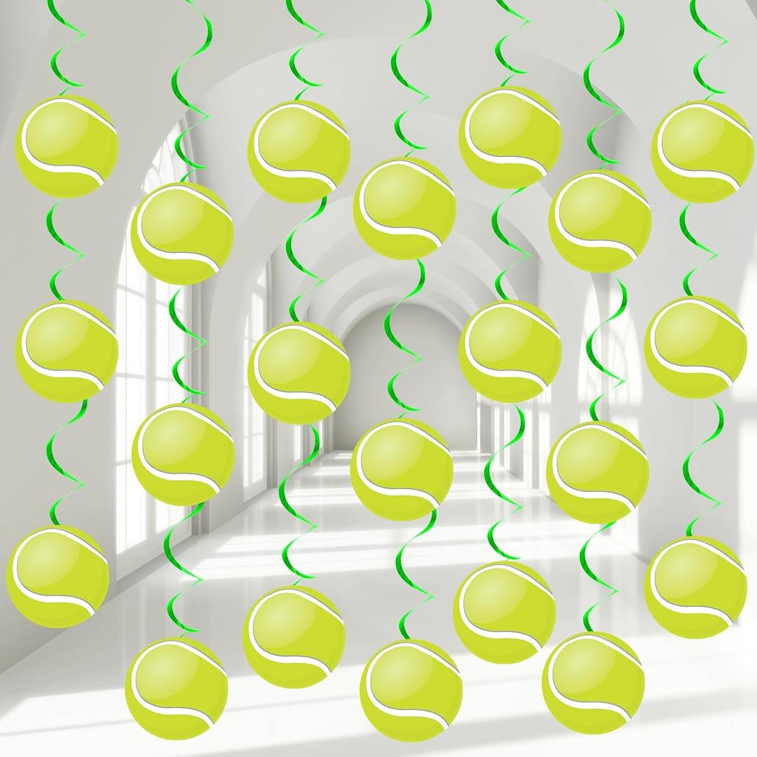 60pcs Tennis Party Foil Swirl Decorations Tennis Ball Ceiling Hanging Banners Decor Hanging Swirls Sports Cutouts Birthday Supplies for Sports Birthday Baby Shower Party Favor Indoor Home Office Decor