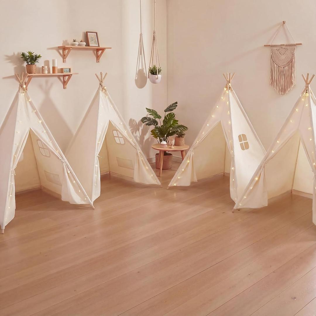 Wilwolfer 4 Pack Teepee Tent for Kids Slumber Party with Lights, Indoor Sleepover Play Tents for Girls, Foldable Toddler Playhouse for Sleepover Parties, White